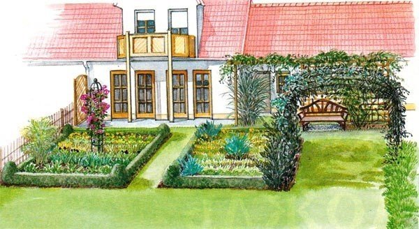 Рисунок ландшафтный дизайн сада с огородом с домом
